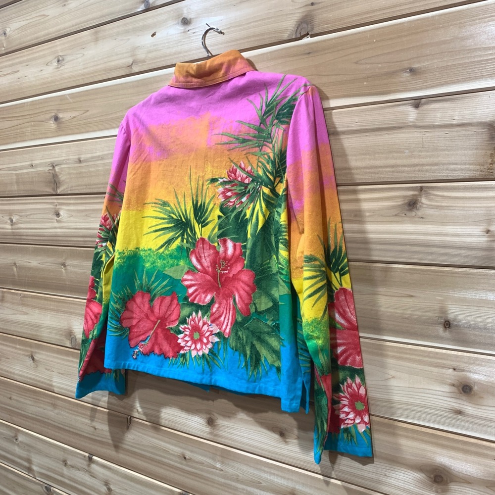 Floral Button Down Jacket Tropical Print Bead Embellished Collared Colorful XL - Picture 10 of 14